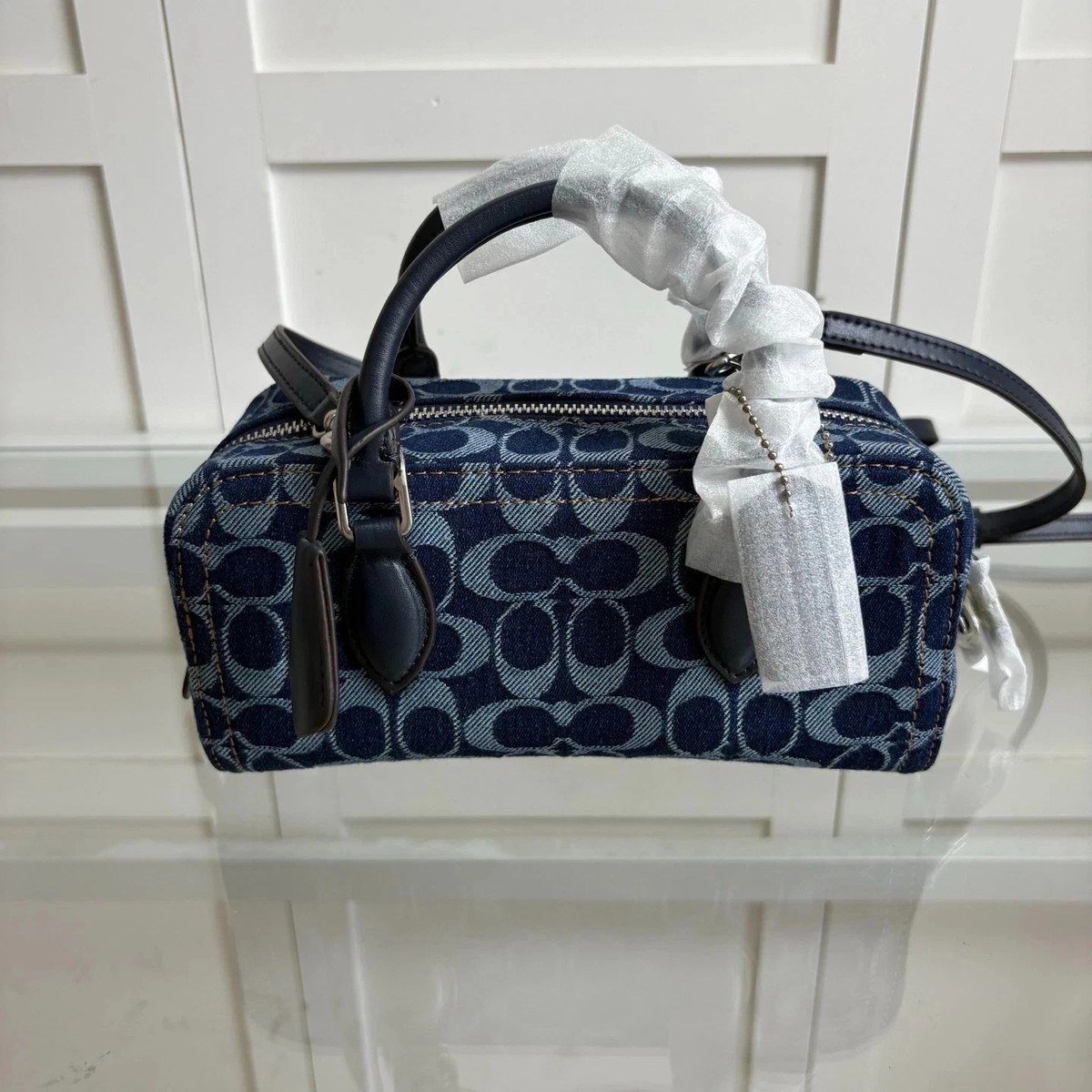 New COACH CAM06 Bowery Satchel 22 Signature Denim Bag Deep Blue