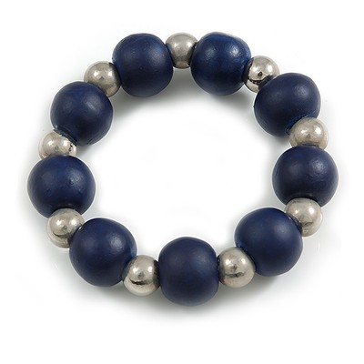Dunkelblau lackiertes Holz und Silber Acryl Perlen Flex Armband - Medium