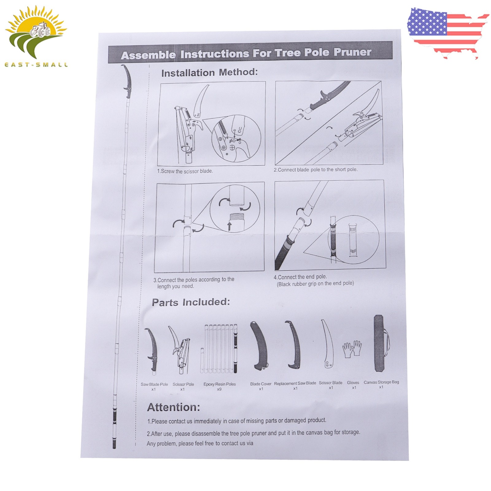 Pole Hook Knife Yellow Manual Pole Saw Extendable Tree Pruner 30 FT Fiberglass