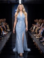 Joli Prom Embellished Sequin Diamanté Prom Blue Dress UK 8-10 Halter-Neck Lined