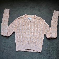 DKNY Jeans Womens Size XS Peach Cable Knit Long Sleeve Sweater White Trim