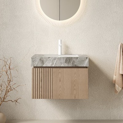24'' Bathroom Vanity Sink Floating Plywood Cabinet Sintered Stone Top Light Gray