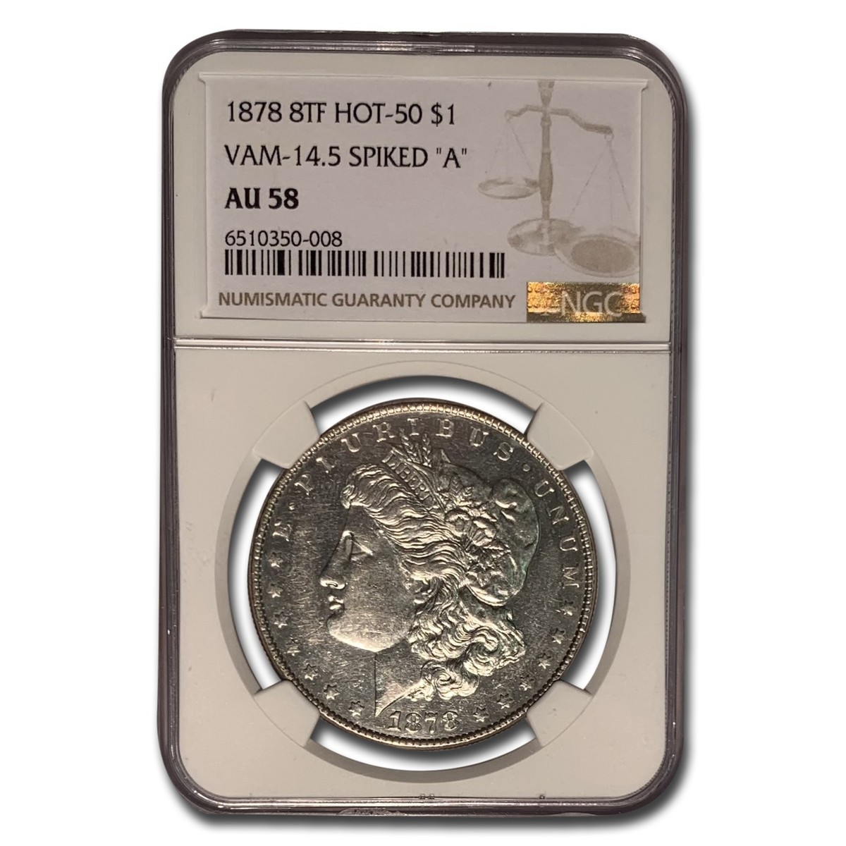 1878 Morgan Dollar 8 TF AU-58 NGC (VAM-14.5 Spiked 