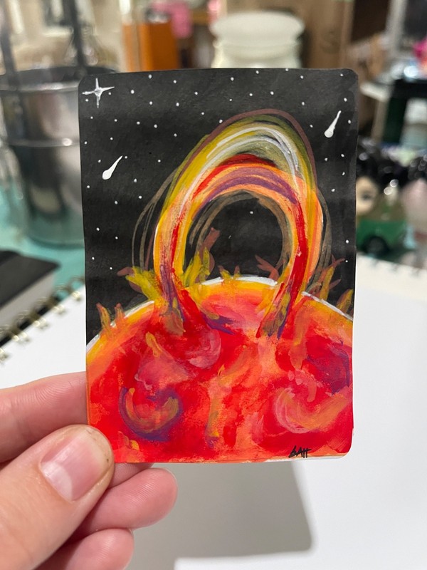 aceo original painting acrylic 2.5 x 3.5 "Solar Flare" space stars