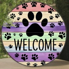 Welcome Paw Print Metal Sign Pastel Pet Lover Outdoor Wall Art Hanging Decor