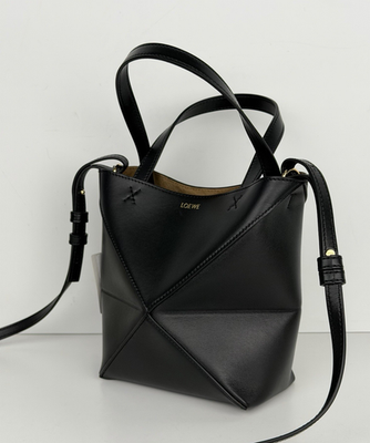 Loewe Shiny Calfskin Mini Puzzle Fold Tote Bag in Black Leather F2