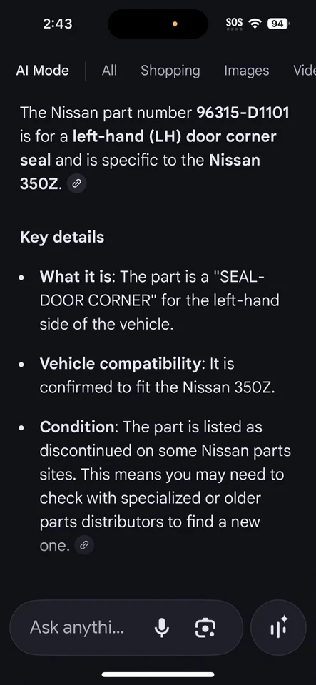 Nueva aleta de acabado de esquina de puerta LH Nissan 96315D1101 de colección OEM para 350Z NOS Foto 2 de 4