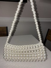 White Beaded Faux Pearl Clutch Bag Handbag Purse with Strap Handle