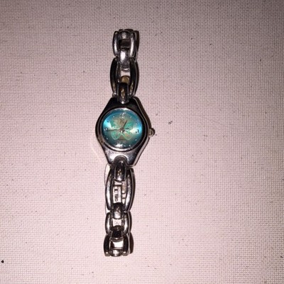 Faded Glory Quartz Wristwatch Silver Blue Dial Arabic Numerals Butterfly