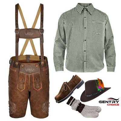 Men Oktoberfest Costumes Bavarian Lederhosen Outfit Complete Set with German Hat