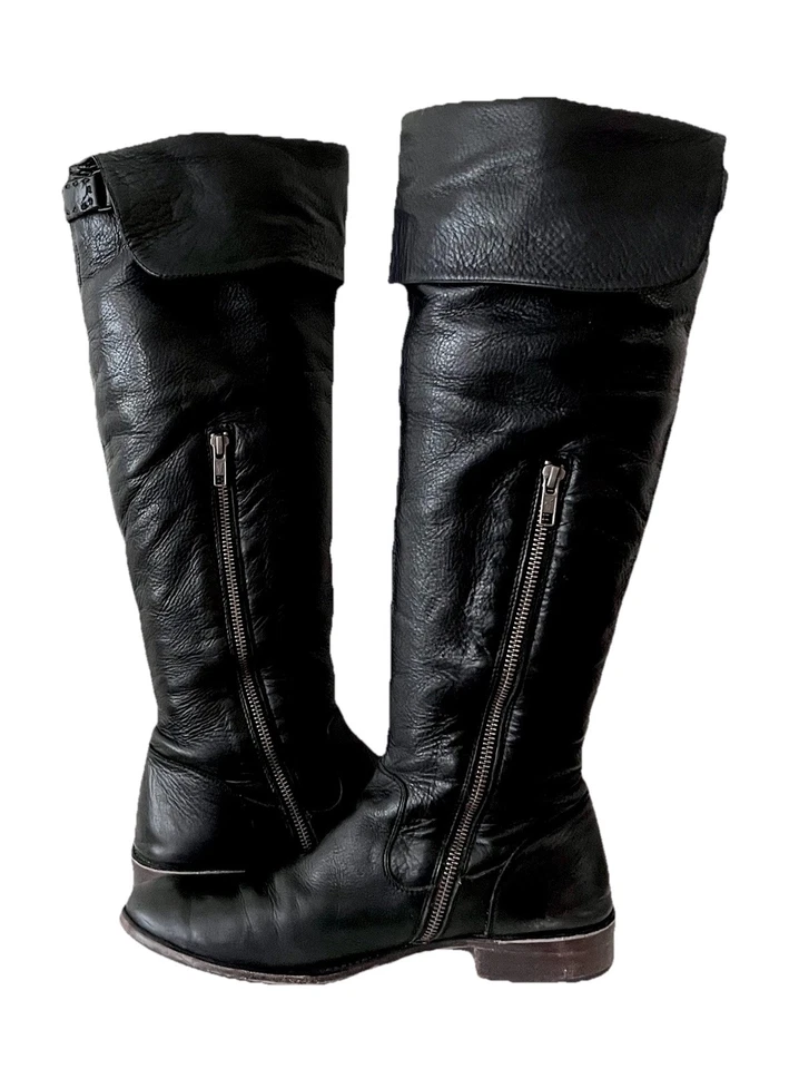 Botas piratas FRYE Shirley couro preto alto andar acima do joelho punho OTK 9 B - Imagem 4 de 4