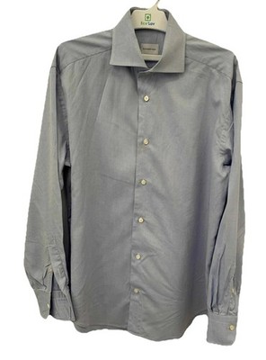 Ermenegildo Zegna Mens Dress Shirt Blue Grid Regular Fit Size 44 100% Cotton#C11