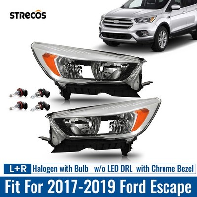 For 2017-2019 Ford Escape Halogen Headlight w/Bulb w/o LED DRL Chrome Left+Right