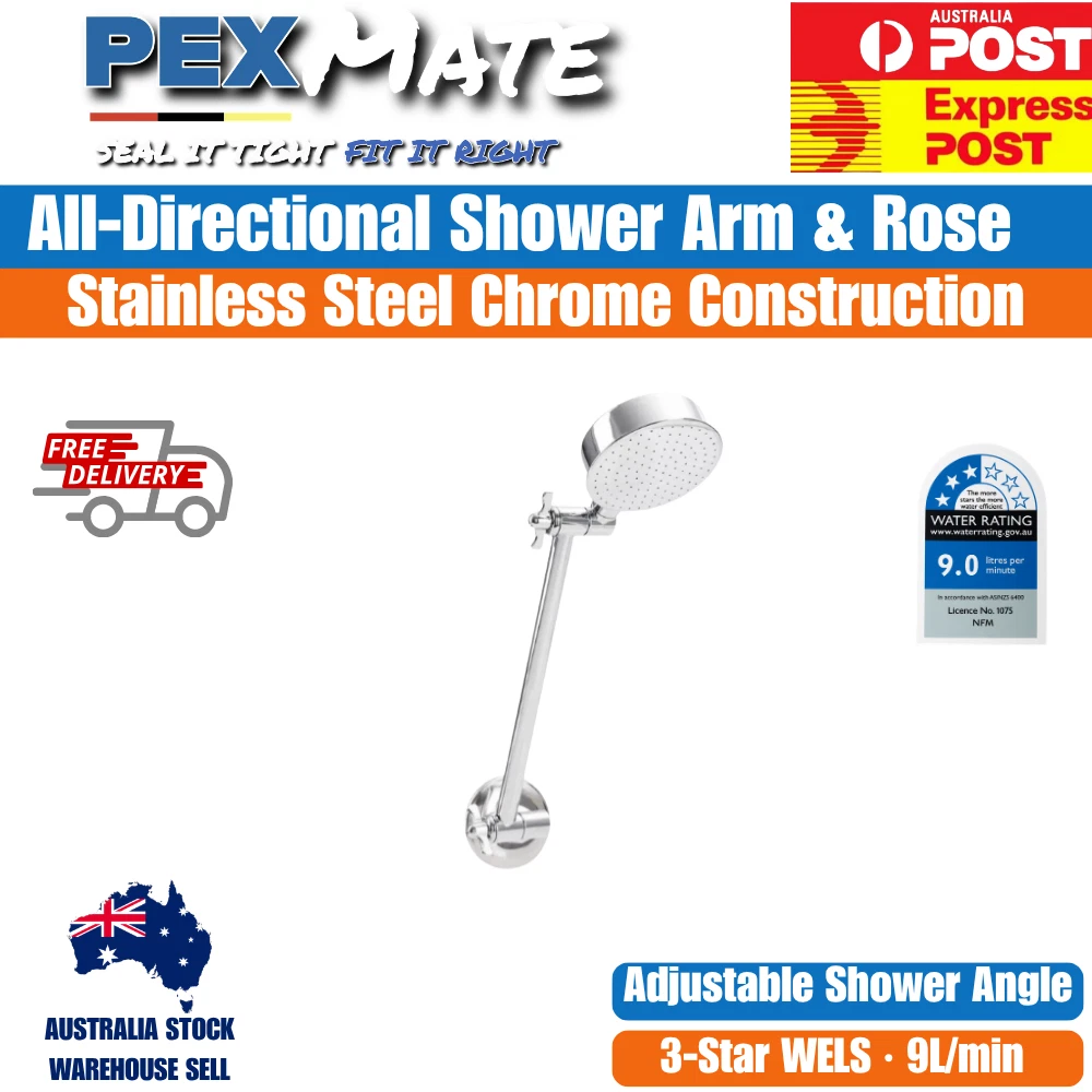 All Directional Shower Rose Head Arm Chrome WELS 3 Star 9L/min 1/2" BSP