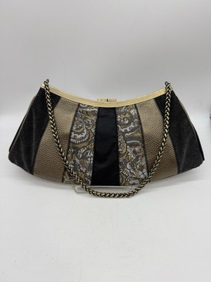 Talbots Black Purse Clutch Brocade Handbag Evening Bag Brass Strap Kissloc