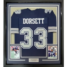 Framed Autographed/Signed Tony Dorsett 33x42 Dallas Dark Blue Jersey JSA COA