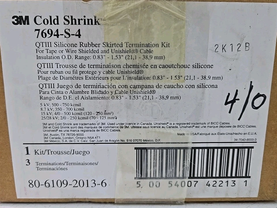 Nuevo 3M 7694-S-4 Cold Shrink QT-III Exterior 4 Falda Terminación, 0.83" a 1.53" Foto 3 de 4