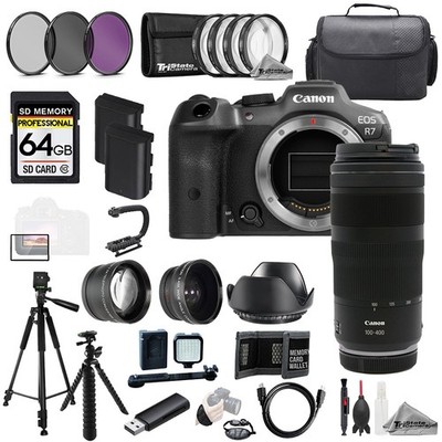 Canon EOS R7 + RF 100-400mm f/5.6-8 IS USM Lens+64GB+Ext Bat+9PC Filter-MEGA Kit