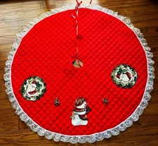 Vintage Red 45" Quilted Christmas Tree Skirt w Lace & Sequined Snowman + Santa