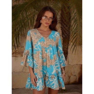 Modaposa Turquoise Tan Botanical Boho Cotton Bell Sleeve Ruffle Mini Dress Small