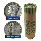 Roll of 50 - $5 Face Value 90% Silver Full Dates Mercury Dimes