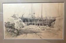 Large antique original M. Wilson nautical ship repairs sailboat sketch drawing