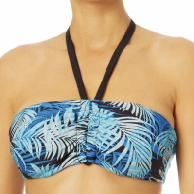 NEW Time & Tru Halter Bikini Swim Top Black Blue Palm Leaf Plus sz 3X 24w-26w