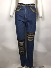 Vtg ROBERTO CAVALLI 90S BLUE GOLD SHEER PANEL JEANS XS