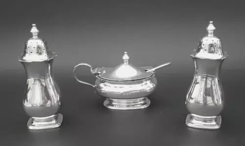 Drummund Melb H/M 1933 3 Pc Sterling Silver Muffineer Salt Pepper Mustard 183g - Picture 1 of 15