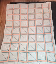 Vintage Crochet Granny Square Afghan Throw Blanket Coral Pink White MCM 86 x 68