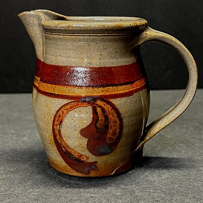 Studio Art Pottery Pitcher Stoneware Speckled Tan Rust Gold Swirl 4.75'' Signed