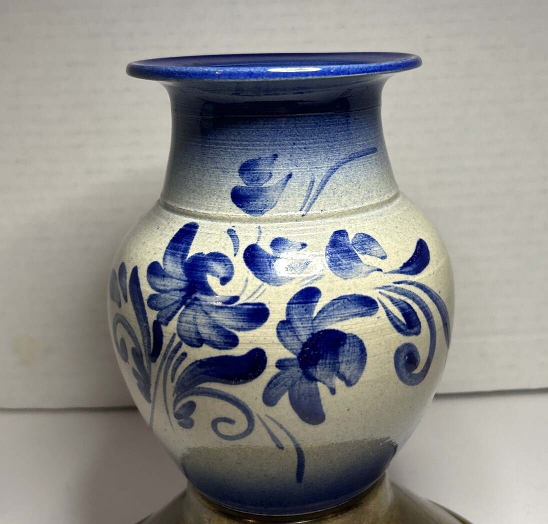 Gres D’Alsace Dany et Didier Tonin 5” Pottery Blue Floral Vase