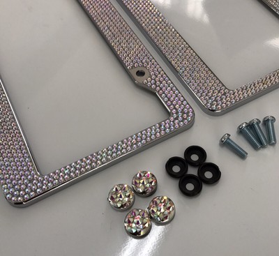 Pair Prism Effect Silver Bling Crystal RhineStone License Plate Frame Car Truck