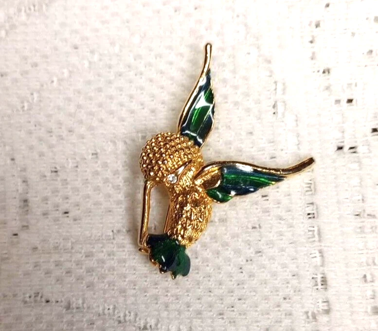 Vintage Hummingbird Brooch Pin Gold Tone w Emerald Green Enamel