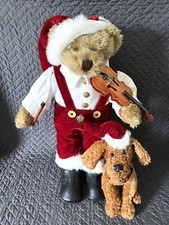 18  Christmas Plush Santa Bear Playing Wooden Wood Violin w/ Dog READ BEFORE BUY