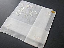 Vintage NOS White Swiss Linen/Cotton Blend Hankie Hanky w/White Embroidery