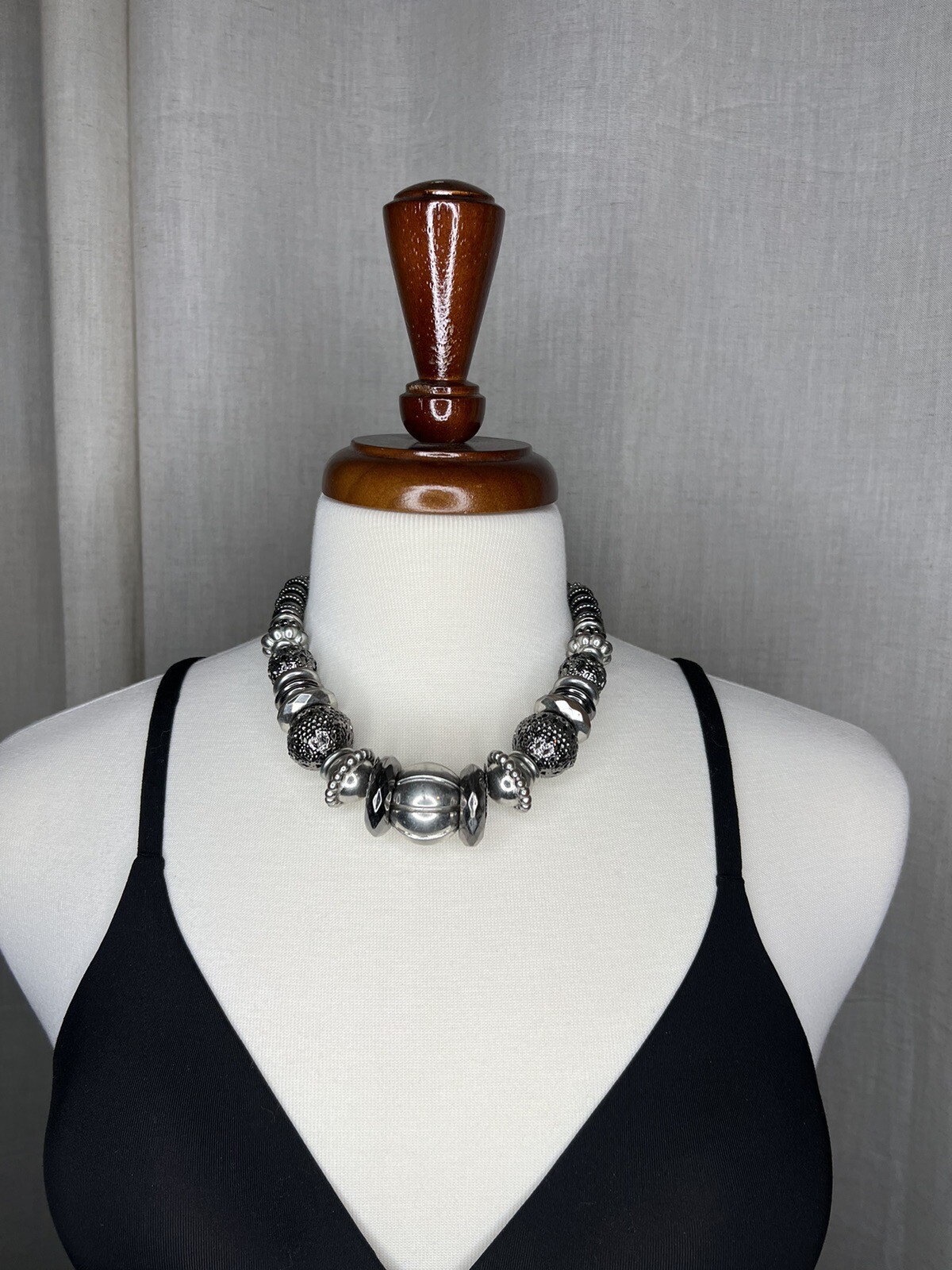 Large Beaded Silver Antiqued Statement Necklace - image 1
