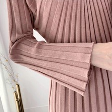 Women Long Sweater Dress Solid Knit Pleated Slim Long Sleeve V-neck Vestidos