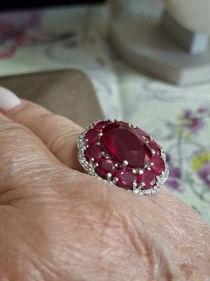 Genuine Ruby Ring Flower Design Deep Dark Red Rubies & Diamond Accents 925
