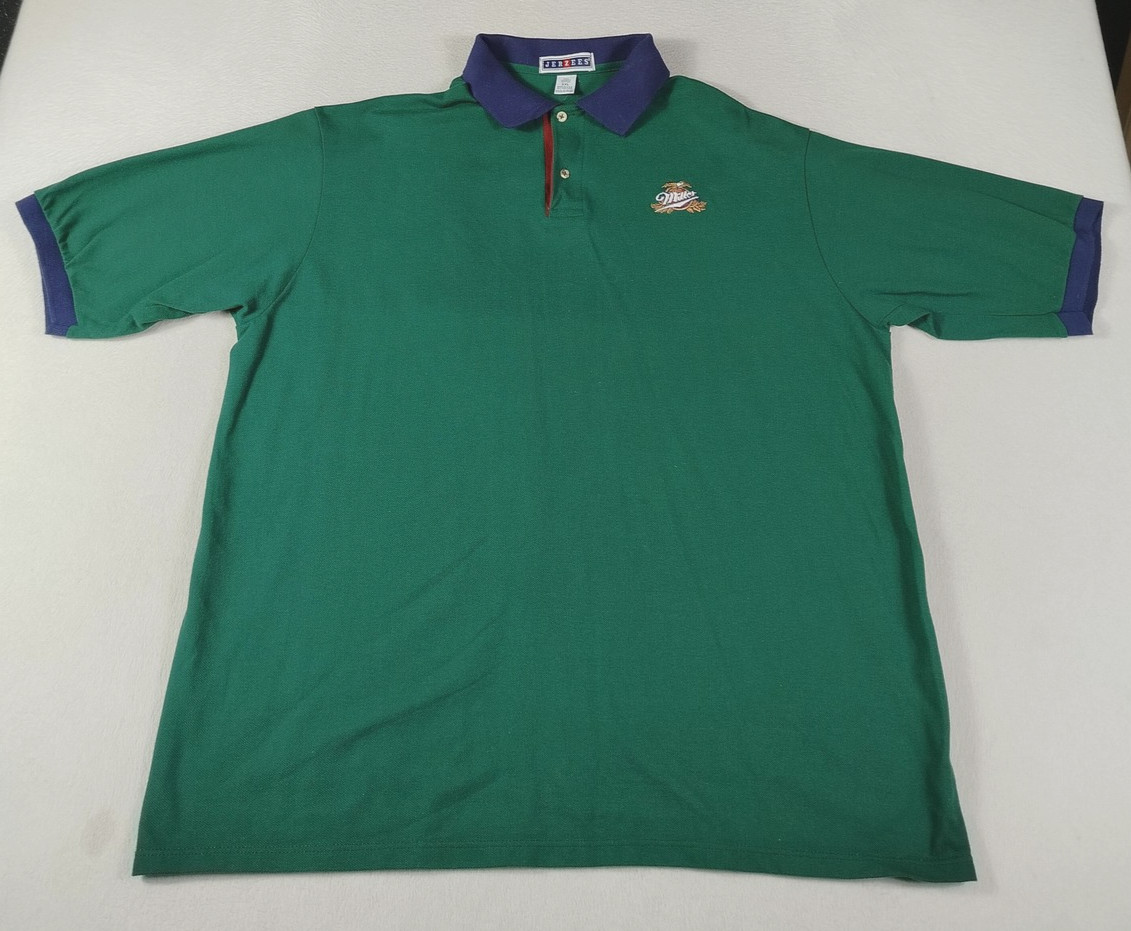 Vintage Jerzees Polo Shirt Mens 2XL Green Miller Beer Logo Made USA Cotton 90s