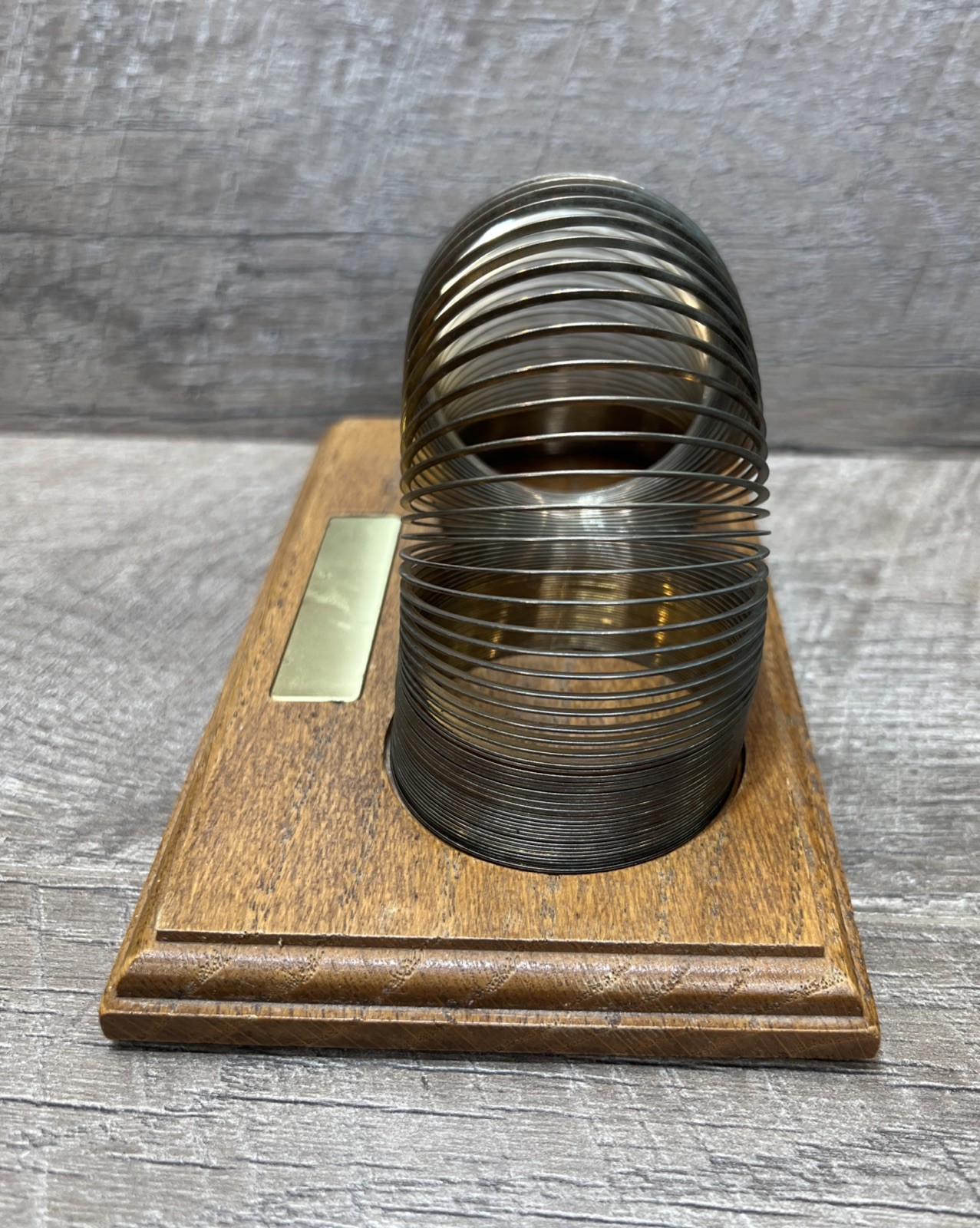 Vintage Metal Gold Toned Slinky & Wooden Tray Holder - Rare Estate Find!