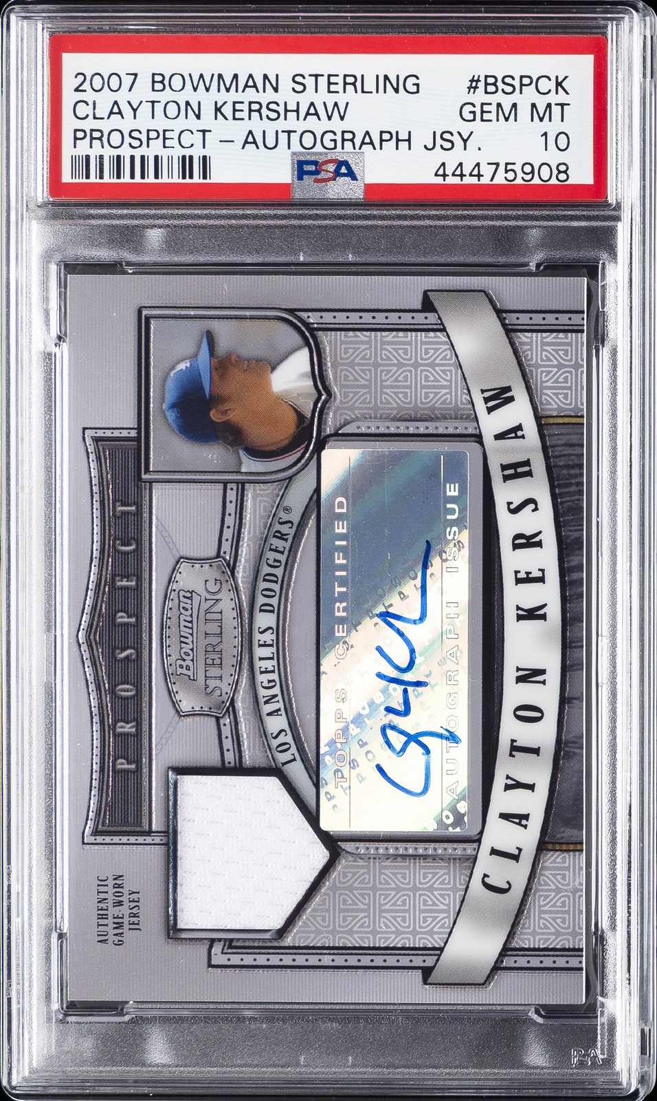 2007 BOWMAN STERLING PROSPECTS AUTO JERSEY #BSPCK CLAYTON KERSHAW PSA 10 view 1