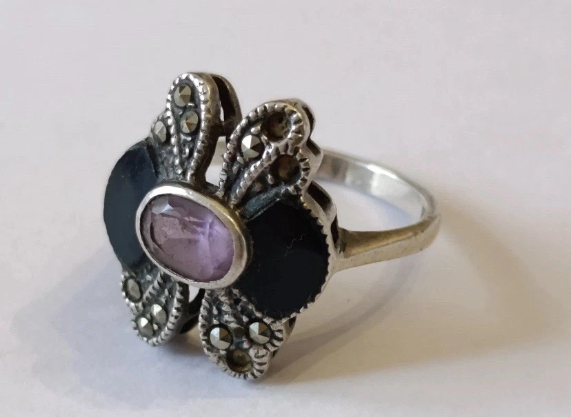 Bague argent cabochon améthyste, signée A. S. Danemark. - Bijoux