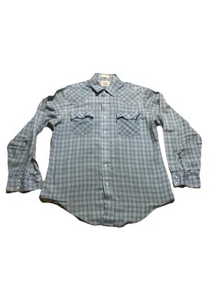 Vintage Levi's Pearl Button Snap Blue Plaid Western Shirt Men's Size Large