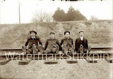 1900 era photo Negative RAILROAD WORKERS Hobnail BOOTS Steam TRAIN Tracks NY