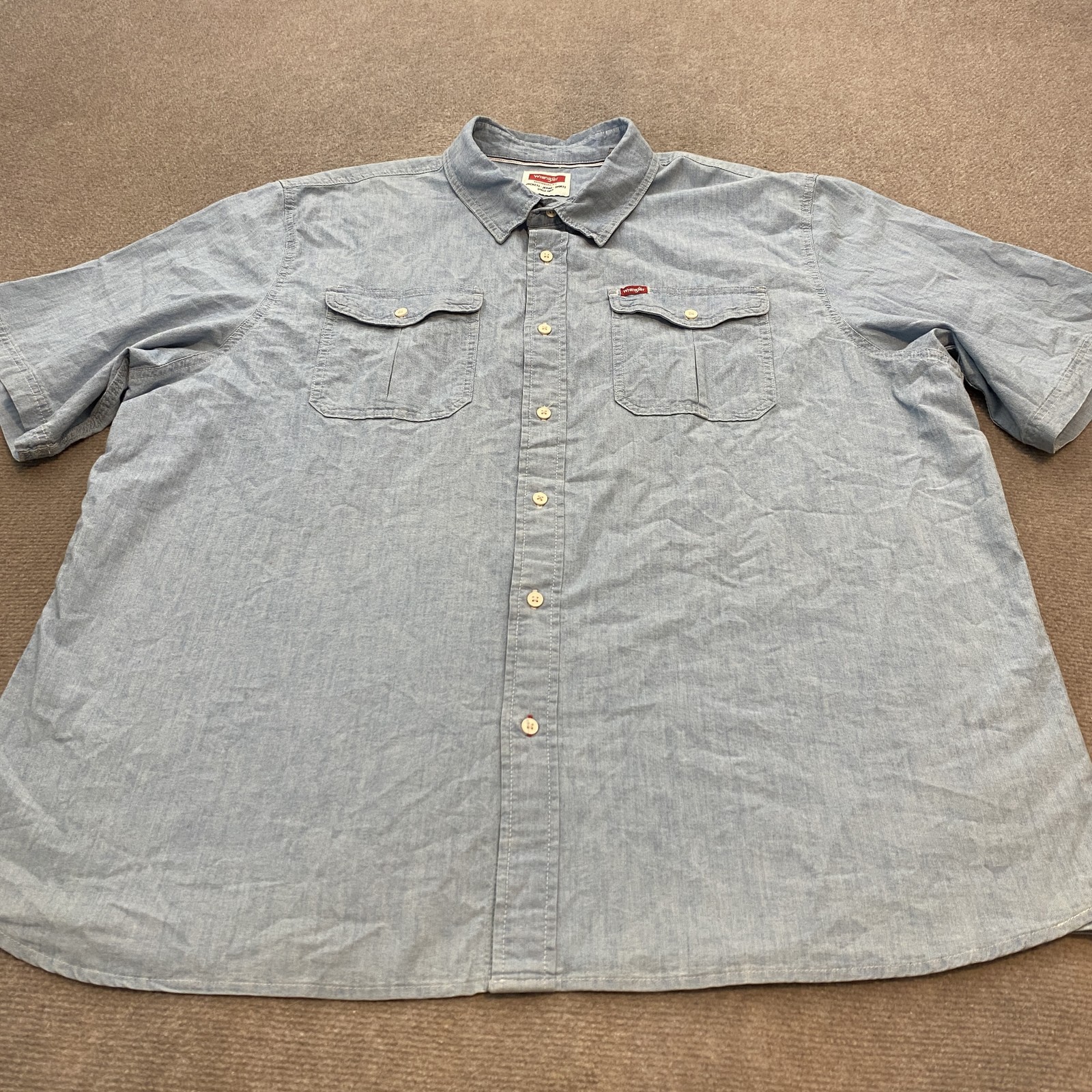Wrangler Shirt Mens 2XL Blue Chambray Short Sleeve Western Button Up Workwear