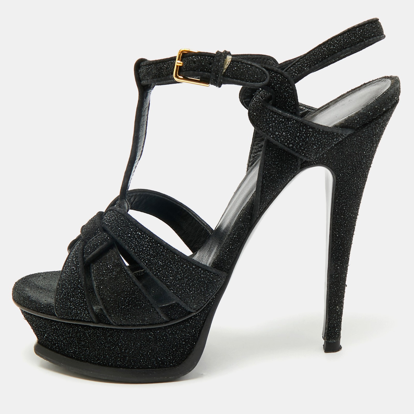 Sandali Saint Laurent Paris neri con plateau omaggio glitter e camoscio taglia 37 5