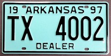 Vintage 1997 Arkansas Dealer License Plate TX-4002 - New