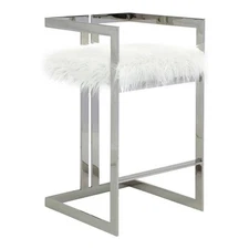 Pangea Home Kenzie 27.5" Stainless Steel & Faux Fur Bar Stool in White/Silver