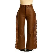 Women's Brown Leather Fringe Pants High Waist Flare Western Cowboy Bell Bottom